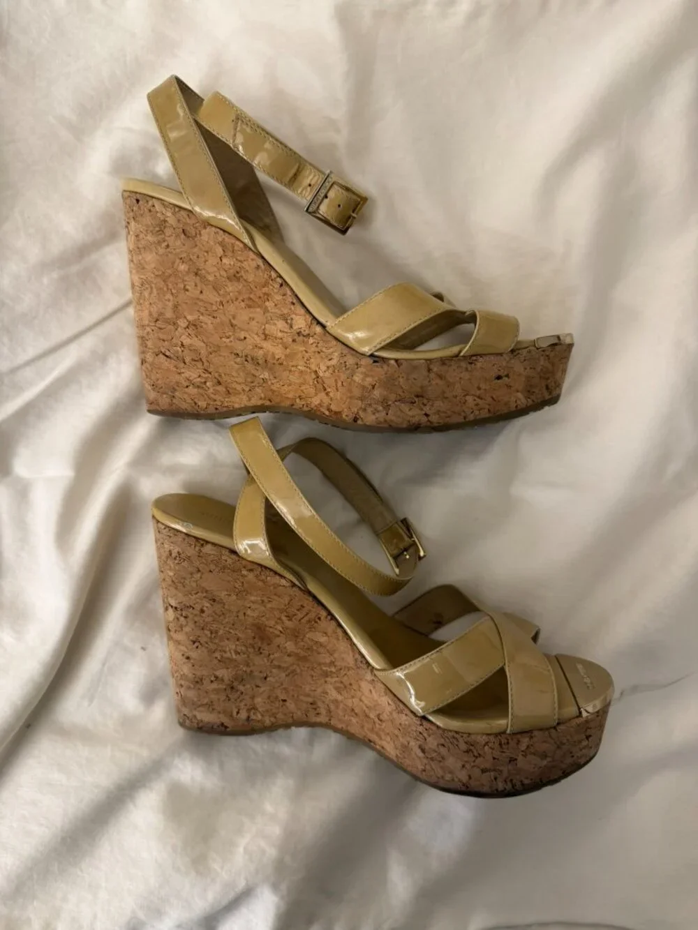 Jimmy Choo 'Papyrus' Nude Patent Leather Cork Wedges Heels Shoes Sandals Size 39
